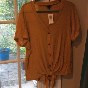 Mustard yellow button down short sleeved sweater